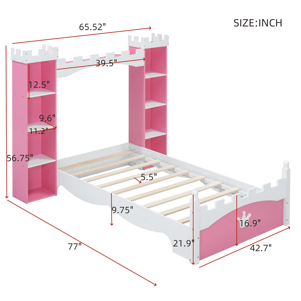 Castle-Shaped Wooden Bed with Storage Shelf, Dreamy Twin Size Platform Bed for Kids Bedroom, Pink+ White