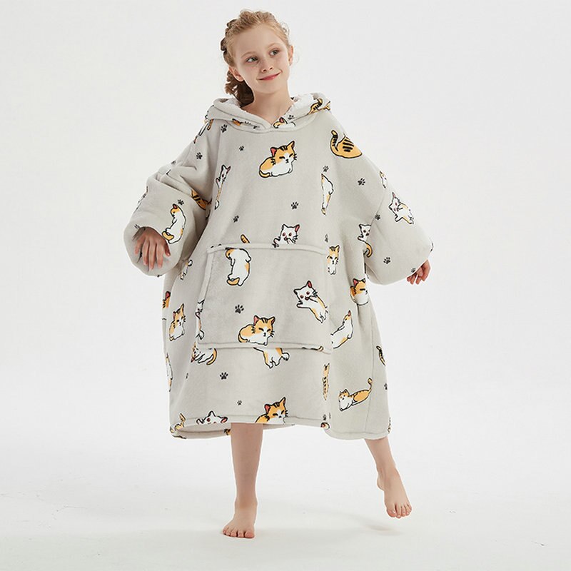 Kids Unisex Winter Warm Double Layers Sherpa Fleece TV Pocket Hoodies Blanket Hoodie Snuggle with Sleeves