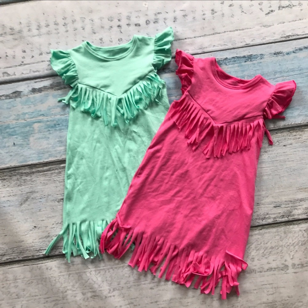 baby girls spring summer solid Tassels cotton dress boutique all-match clothing kids wear fringe multi color mint hot sale