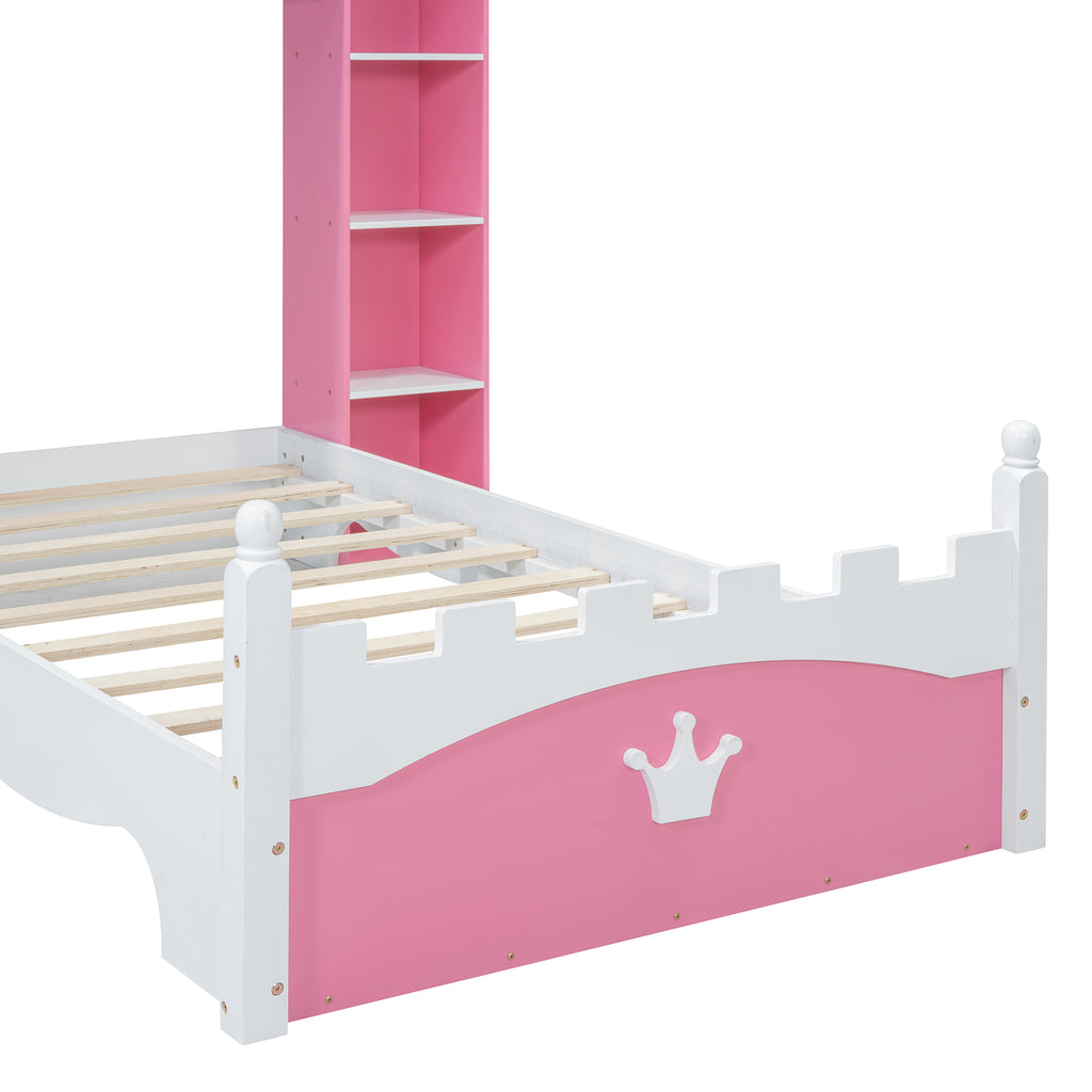 Castle-Shaped Wooden Bed with Storage Shelf, Dreamy Twin Size Platform Bed for Kids Bedroom, Pink+ White