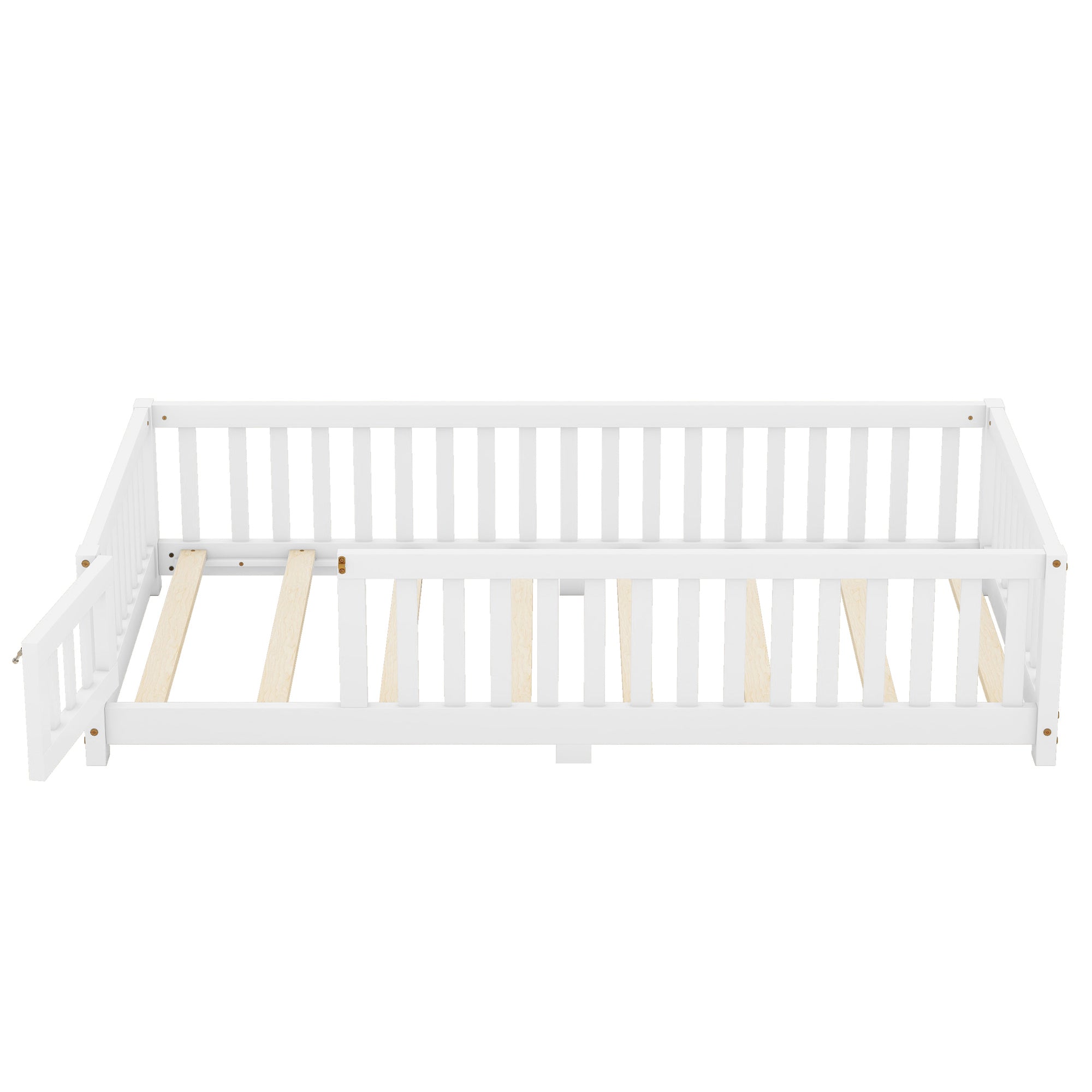Twin Size Bed Floor Bed with Safety Guardrails and Door for Kids, White