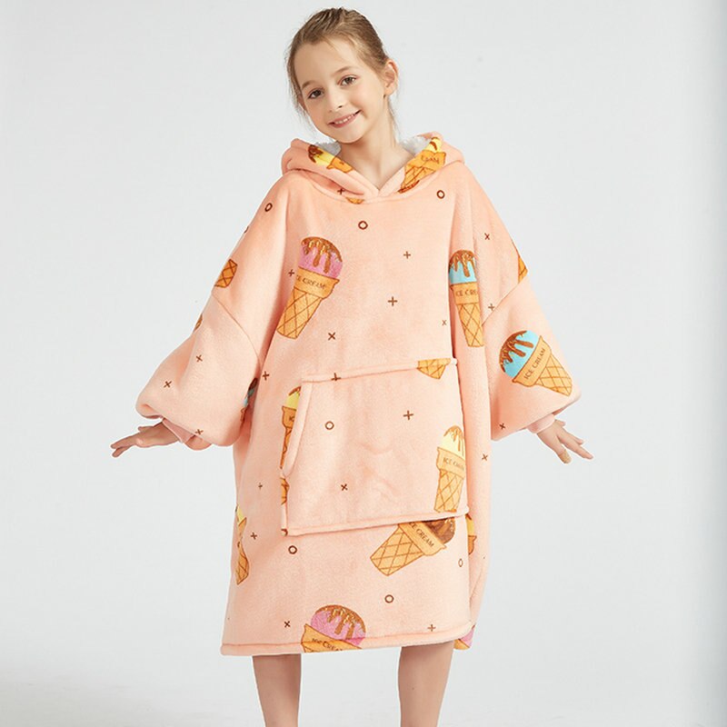 Kids Unisex Winter Warm Double Layers Sherpa Fleece TV Pocket Hoodies Blanket Hoodie Snuggle with Sleeves