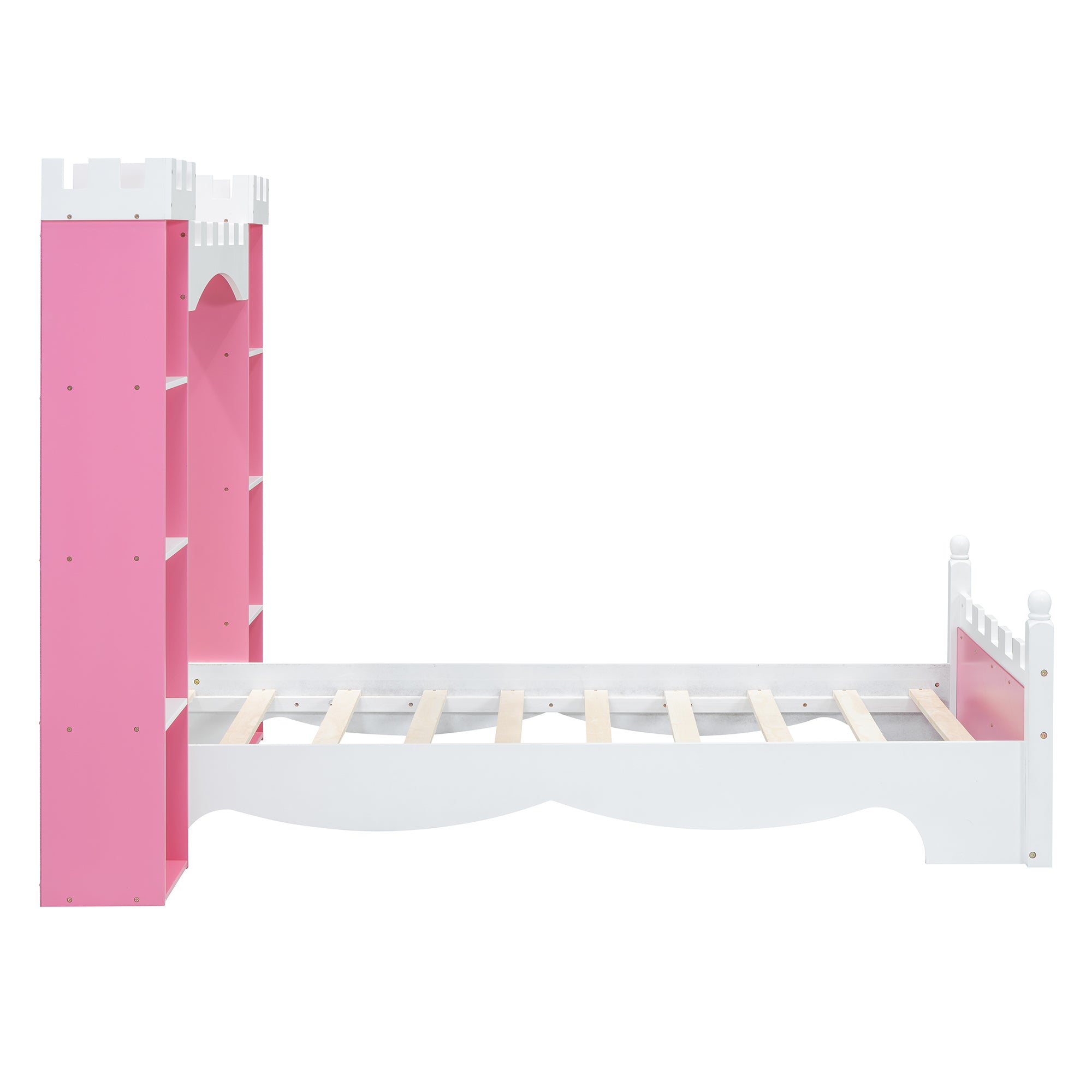 Castle-Shaped Wooden Bed with Storage Shelf, Dreamy Twin Size Platform Bed for Kids Bedroom, Pink+ White
