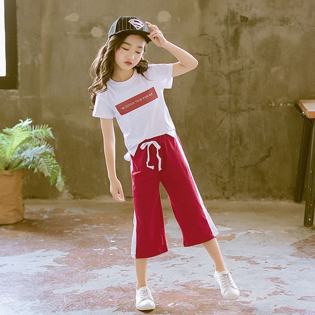 Girls Clothing Sets Summer Short Sleeve T-Shirt+Pants 2 Pcs Kids Outwear Children Clothes Suits