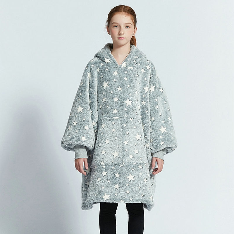 Kids Unisex Winter Warm Double Layers Sherpa Fleece TV Pocket Hoodies Blanket Hoodie Snuggle with Sleeves