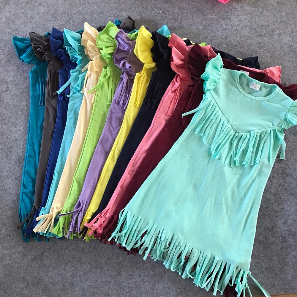 baby girls spring summer solid Tassels cotton dress boutique all-match clothing kids wear fringe multi color mint hot sale