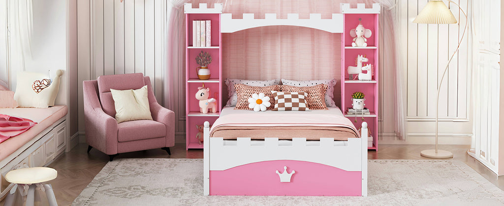 Castle-Shaped Wooden Bed with Storage Shelf, Dreamy Twin Size Platform Bed for Kids Bedroom, Pink+ White
