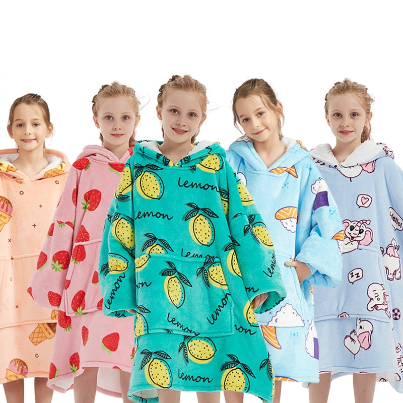 Kids Unisex Winter Warm Double Layers Sherpa Fleece TV Pocket Hoodies Blanket Hoodie Snuggle with Sleeves