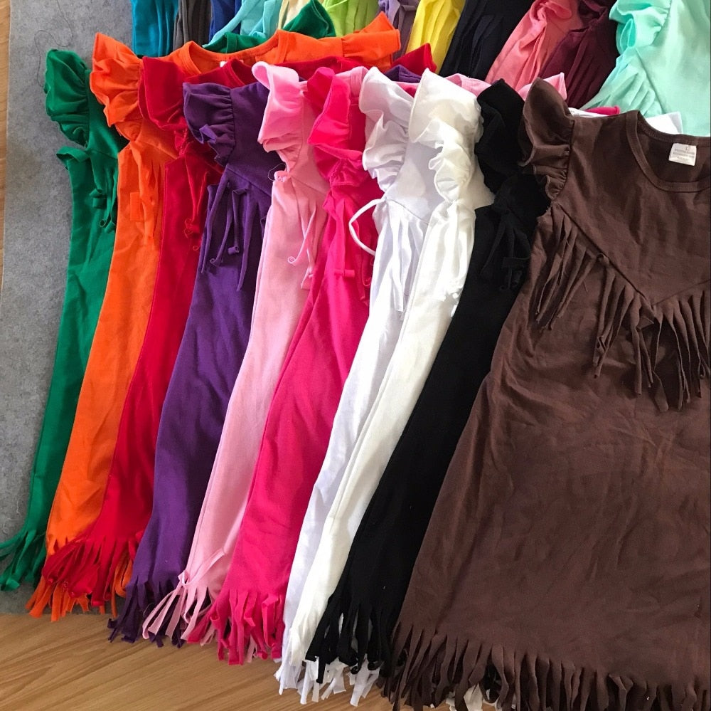 baby girls spring summer solid Tassels cotton dress boutique all-match clothing kids wear fringe multi color mint hot sale