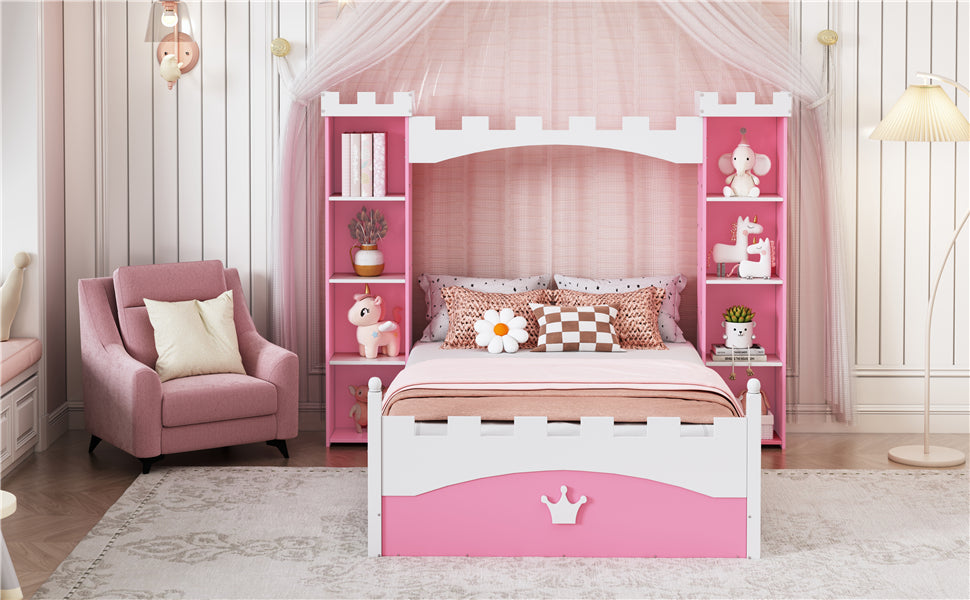 Castle-Shaped Wooden Bed with Storage Shelf, Dreamy Twin Size Platform Bed for Kids Bedroom, Pink+ White