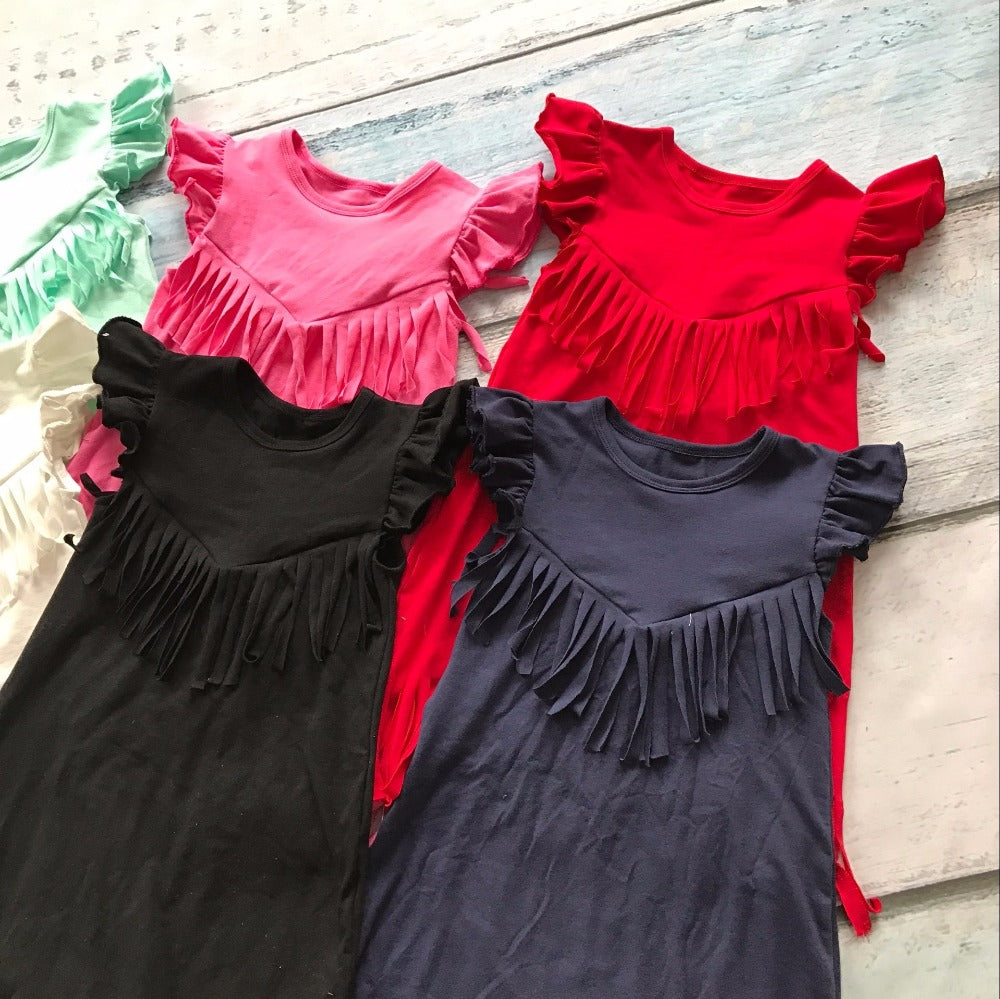 baby girls spring summer solid Tassels cotton dress boutique all-match clothing kids wear fringe multi color mint hot sale