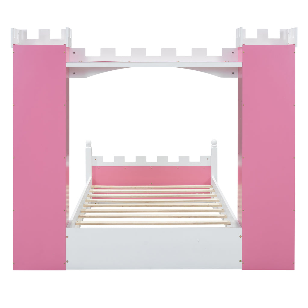 Castle-Shaped Wooden Bed with Storage Shelf, Dreamy Twin Size Platform Bed for Kids Bedroom, Pink+ White