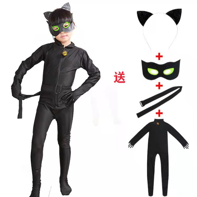 Kids Anime Black Boys Cat Costume with Mask Carnival Party Stage Performance Clothing for Children