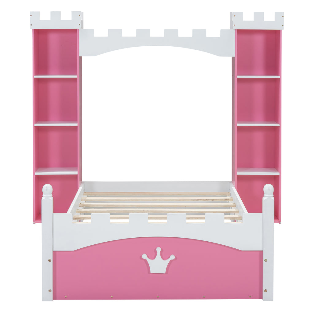 Castle-Shaped Wooden Bed with Storage Shelf, Dreamy Twin Size Platform Bed for Kids Bedroom, Pink+ White