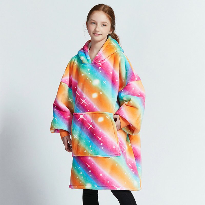 Kids Unisex Winter Warm Double Layers Sherpa Fleece TV Pocket Hoodies Blanket Hoodie Snuggle with Sleeves